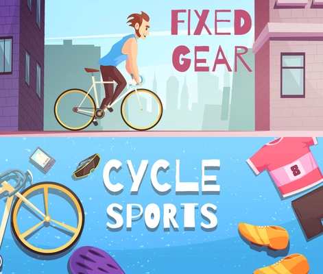 Cycling sports fixed gear and accessories 2 cartoon horizontal banners with street racing and sportswear vector illustration