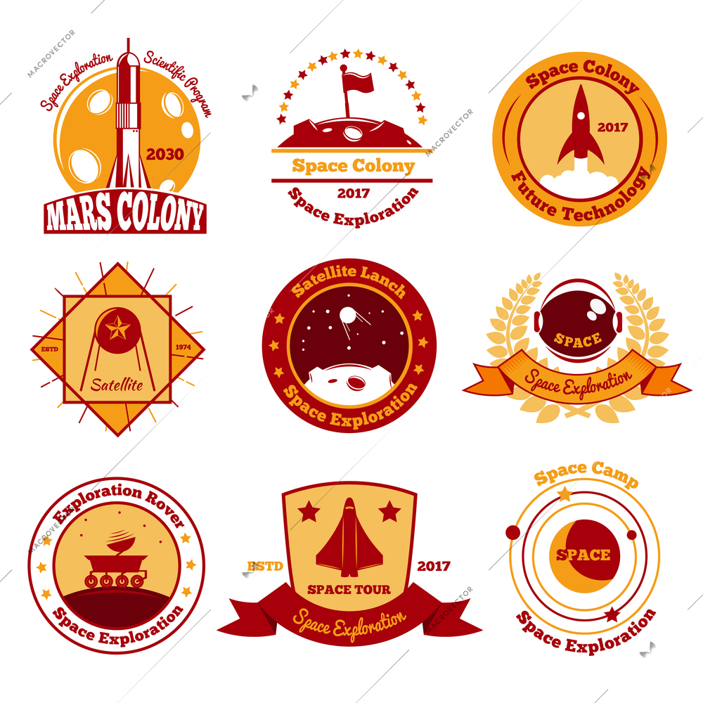 Space exploration emblems color set of isolated outer space adventure images with rockets and text captions vector illustration