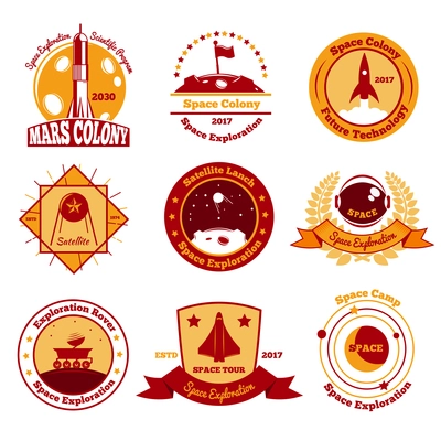 Space exploration emblems color set of isolated outer space adventure images with rockets and text captions vector illustration