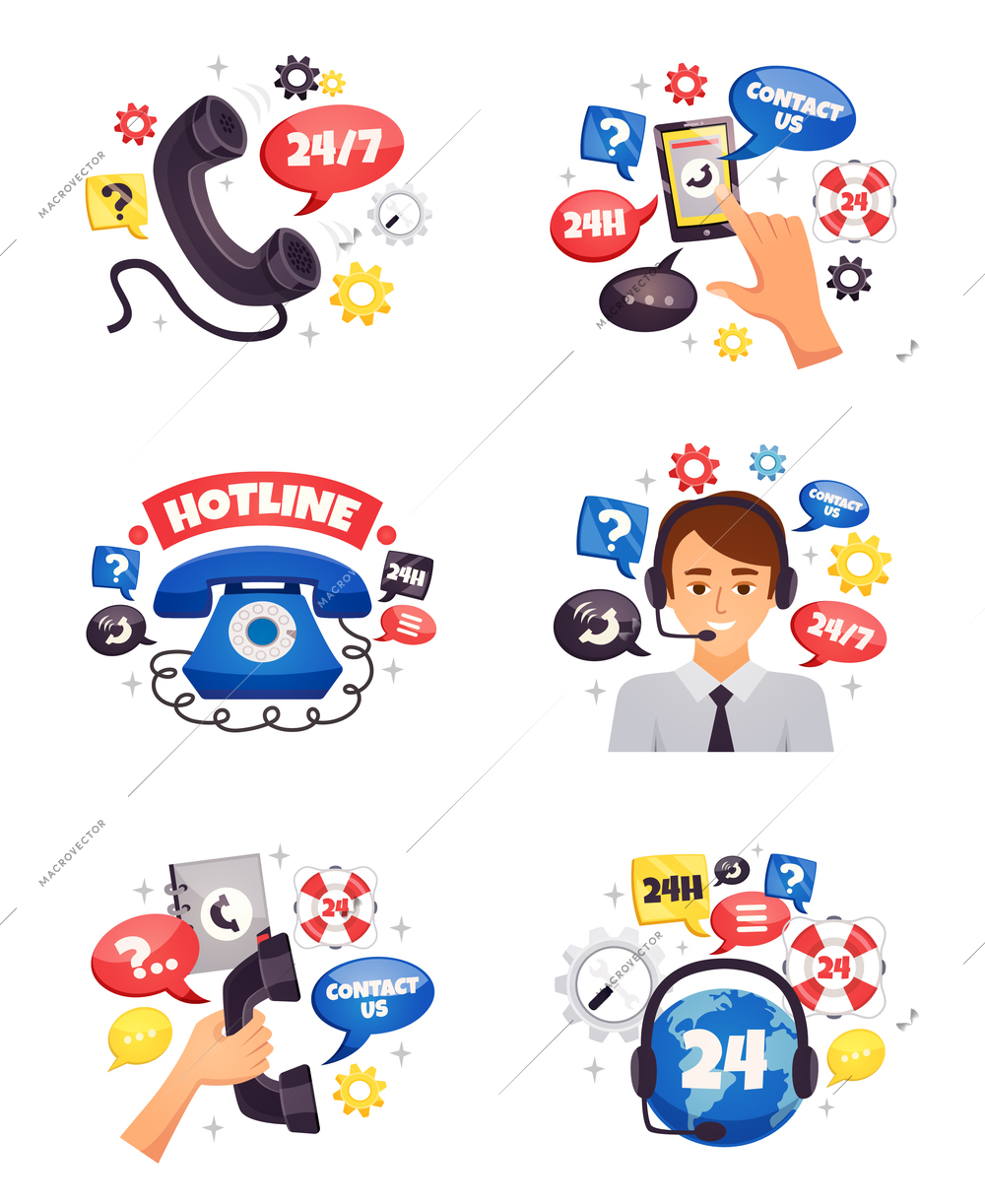 Call center and customer technical support hotline 24h services symbols composition flat icons collection isolated vector illustration