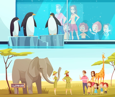 Zoo animals 2 horizontal cartoon banners with elephant and giraffe in safari environment and penguins vector illustration