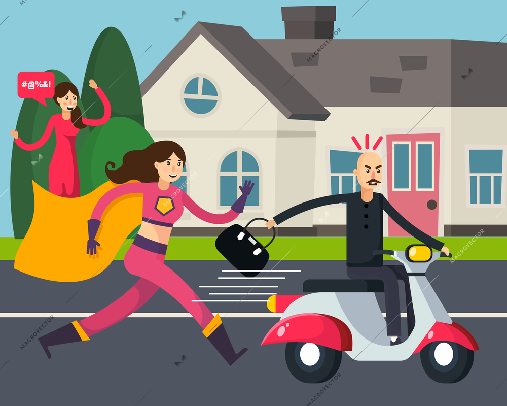 Superhero orthogonal composition with running woman in cloak and thief with stolen bag on scooter vector illustration