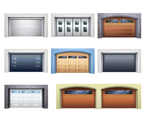 Set of realistic garage doors from various material with mechanical or automatic control system isolated vector illustration