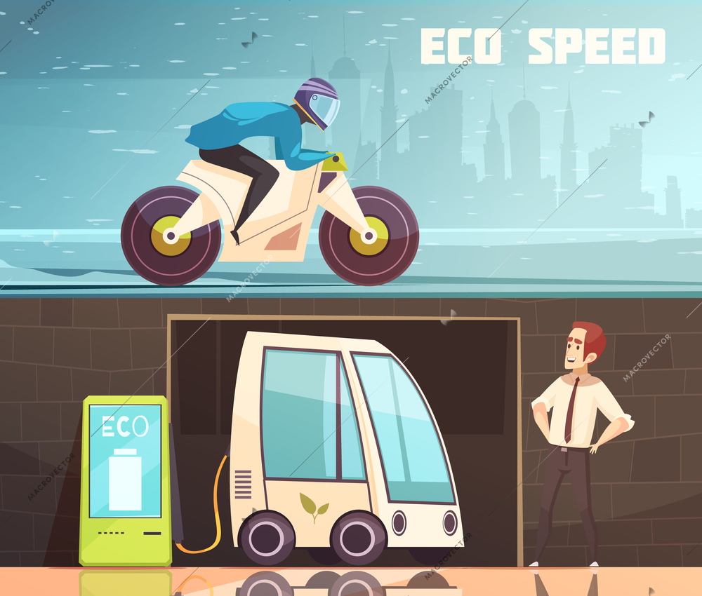 Urban ecologically clean transport 2 horizontal cartoon banners with charging electric car and green motorbike vector illustration