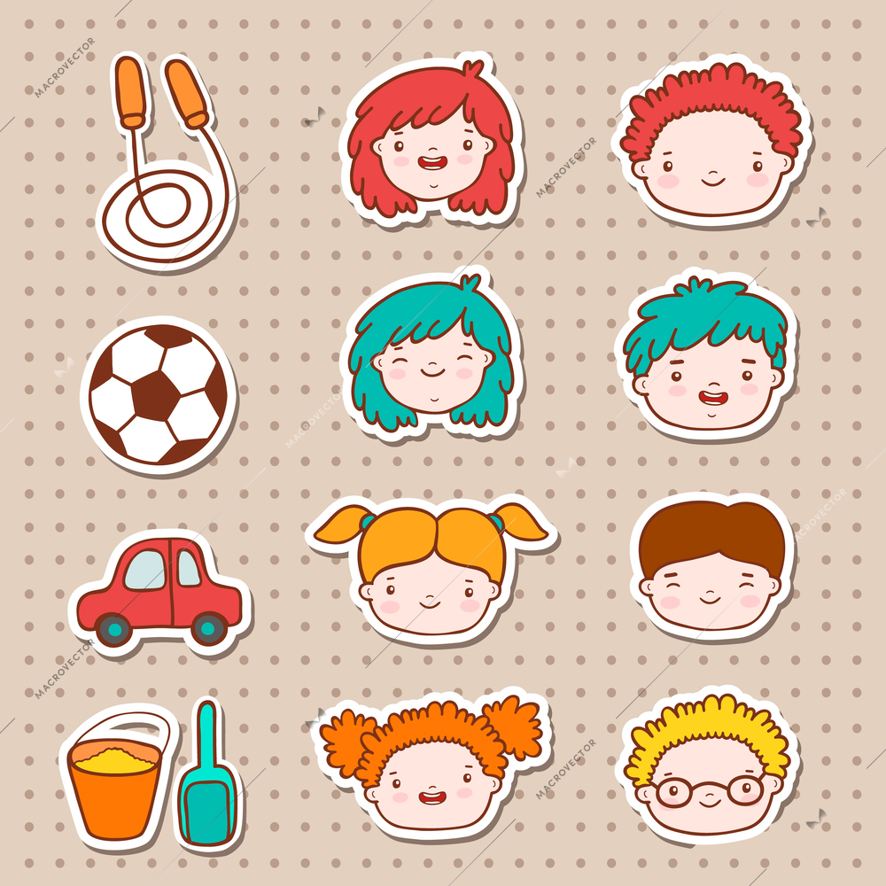 Doodle kids faces icons, stickers vector illustration.