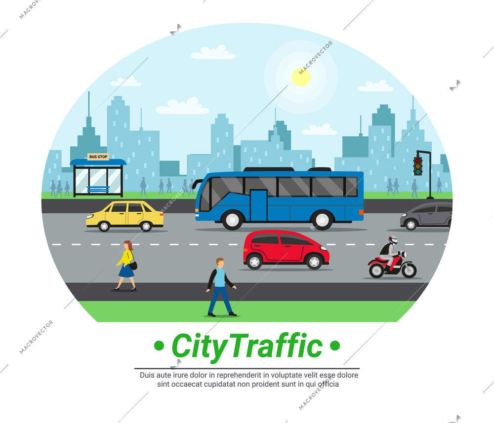 City street traffic flat circle icon with car motorcycle bus stop pedestrians and cityscape background vector illustration