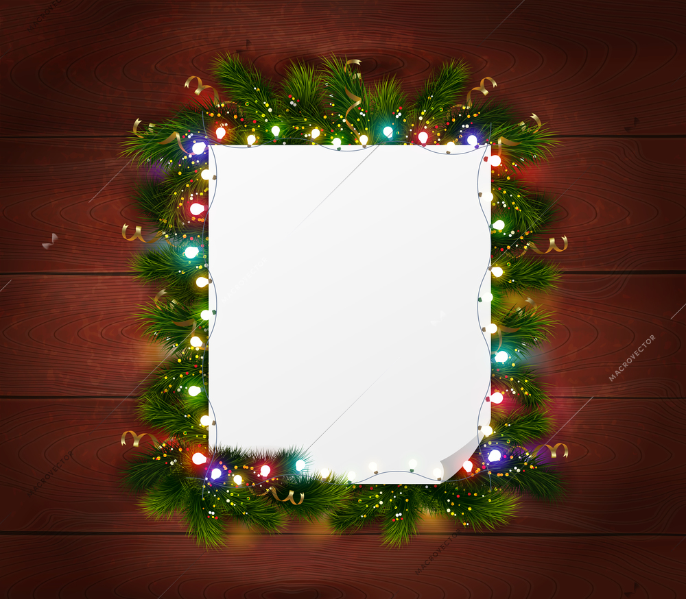 New year wooden background with empty white paper sheet framed by pine branches realistic vector Illustration