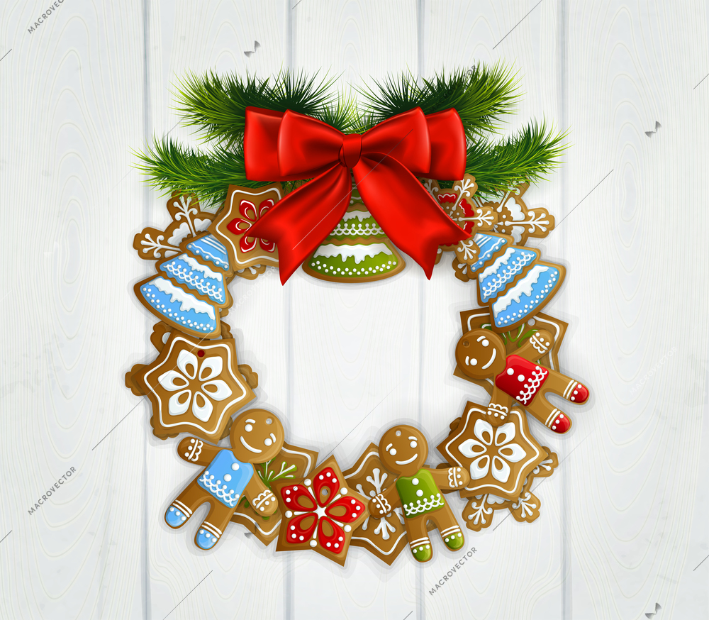 Merry christmas vintage design with white wooden door decorated by wreath made of  christmas toys realistic vector Illustration