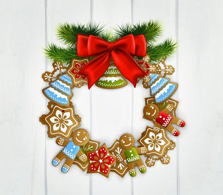 Merry christmas vintage design with white wooden door decorated by wreath made of  christmas toys realistic vector Illustration