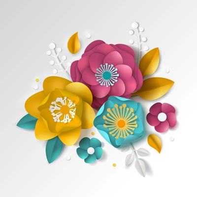 Realistic paper floral composition with color flowers and leaves on white background 3d vector illustration