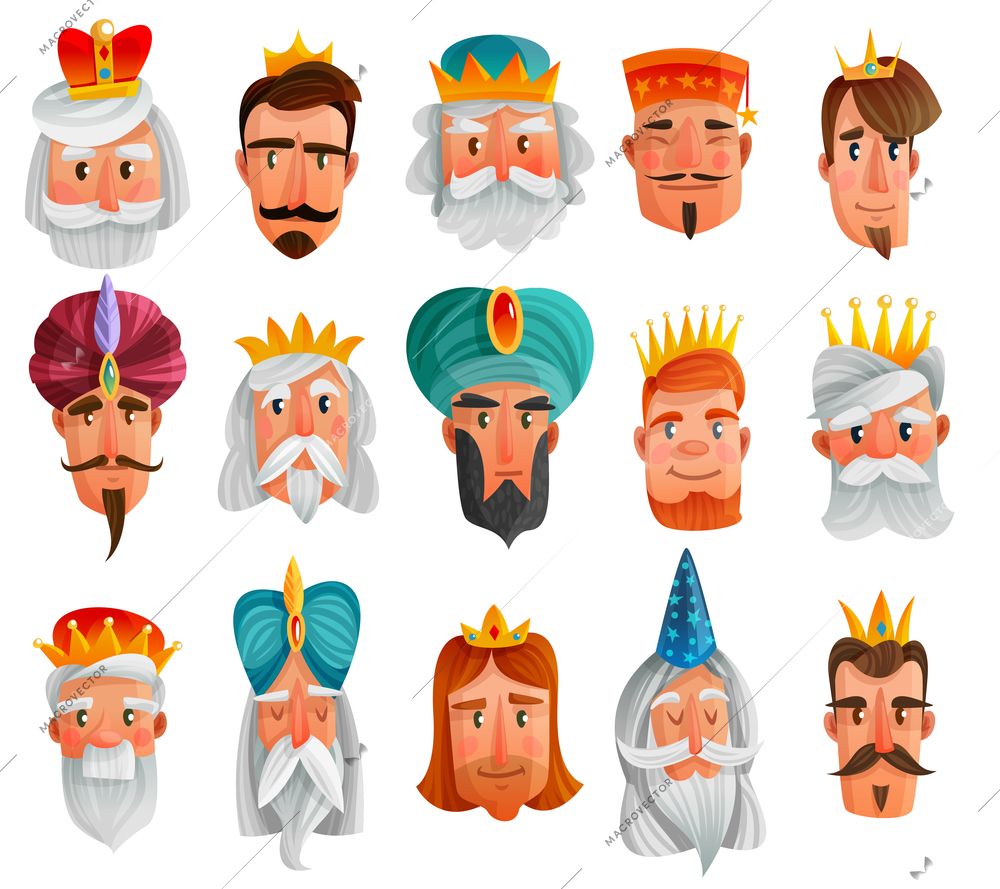 Royal characters cartoon set with faces of european and asian kings, princes, wise men isolated vector illustration