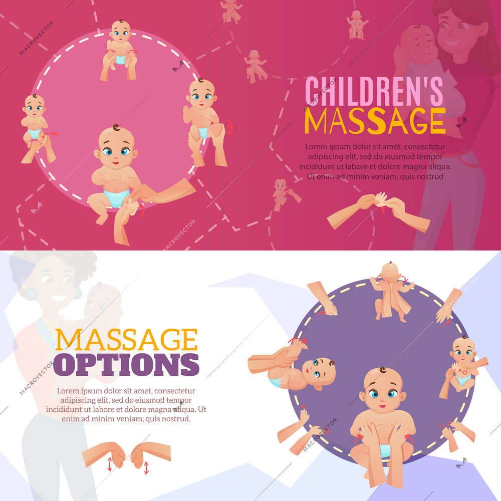 Baby massage horizontal banners set with massage options symbols flat isolated vector illustration