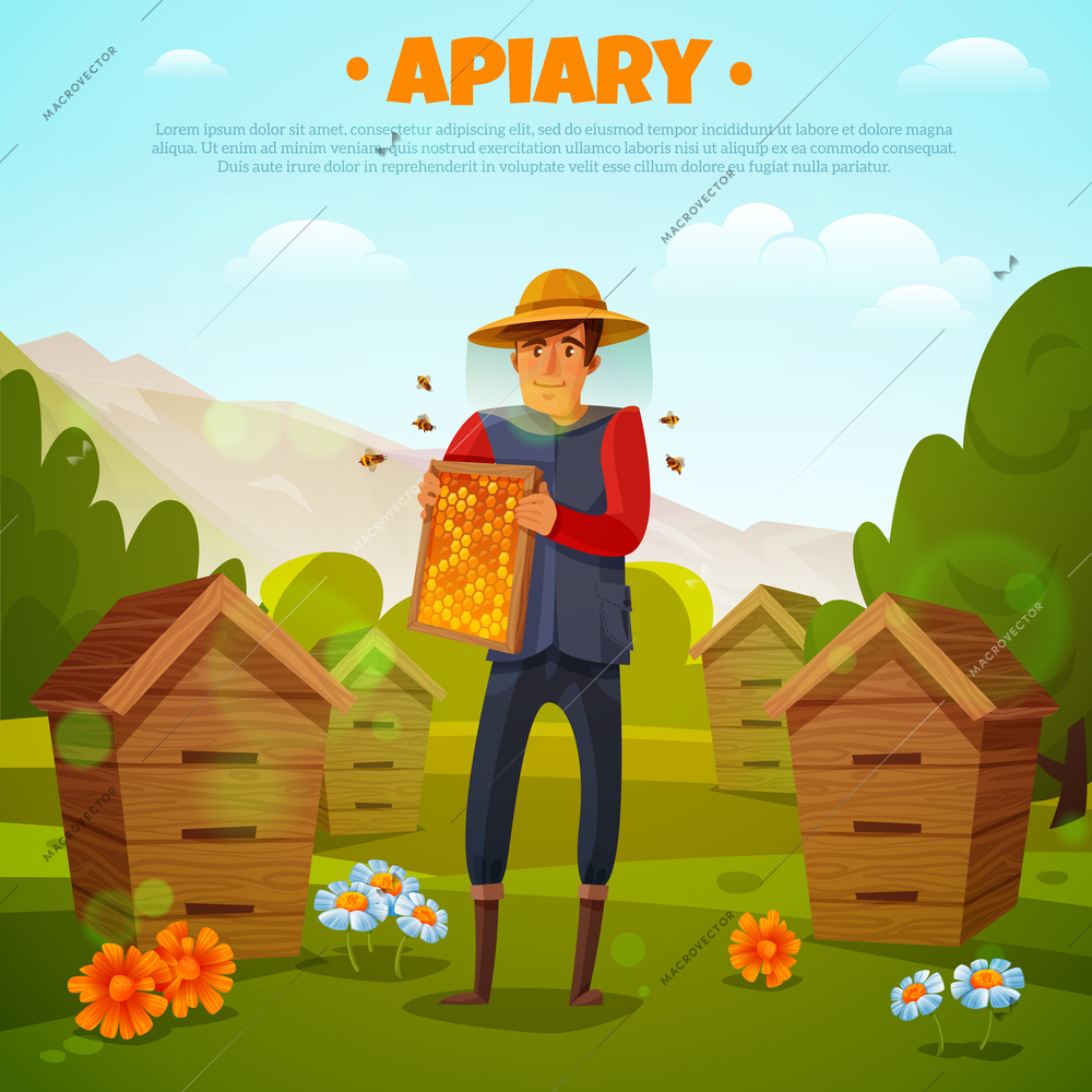 Beekeeper in protective hat with honeycombs between flowers and beehives on mountain background cartoon vector illustration