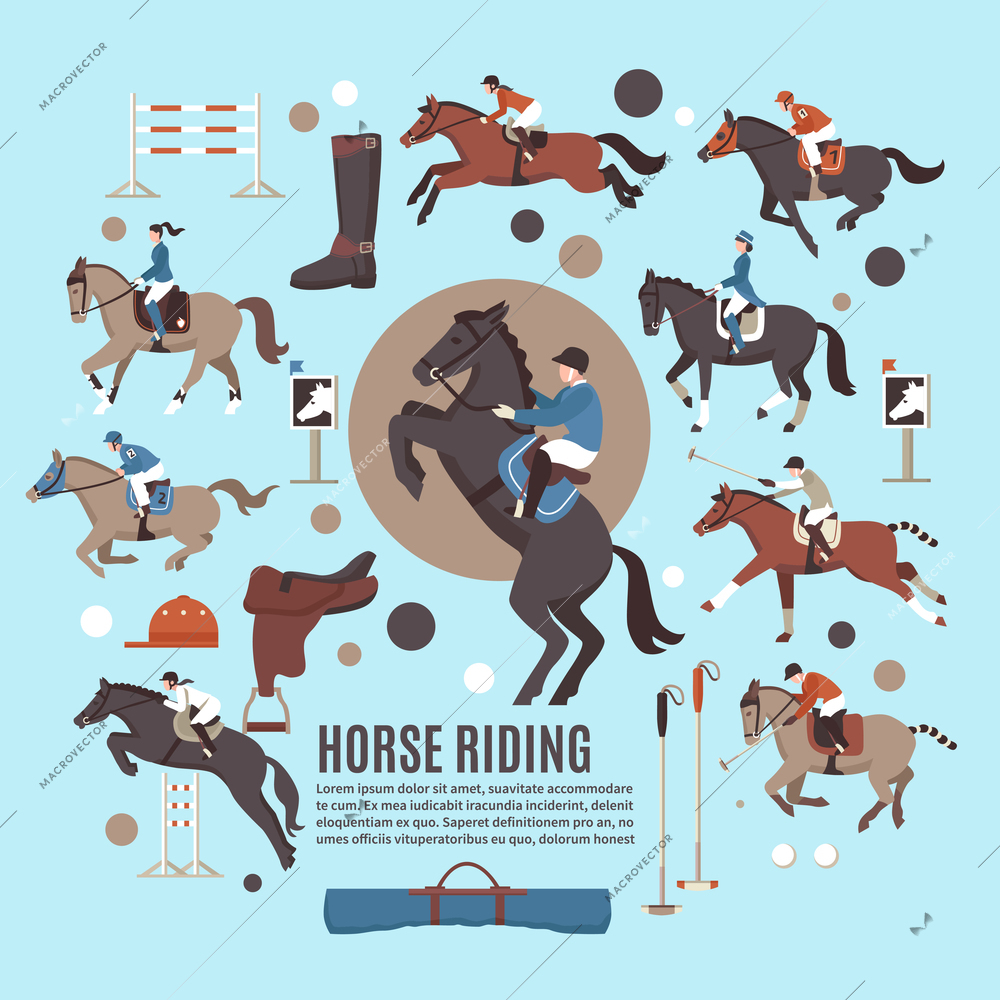 Horse riding flat composition with jockeys, polo players, gear, sport equipment on blue background isolated vector illustration