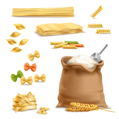 Set of realistic icons with pasta, wheat spikelets, sack of flour with metal scoop isolated vector illustration