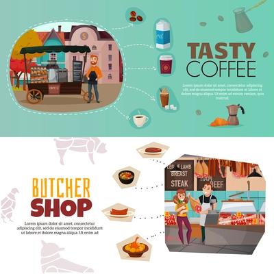 Shops horizontal banners set with coffee street cart and butcher shop symbols flat isolated vector illustration