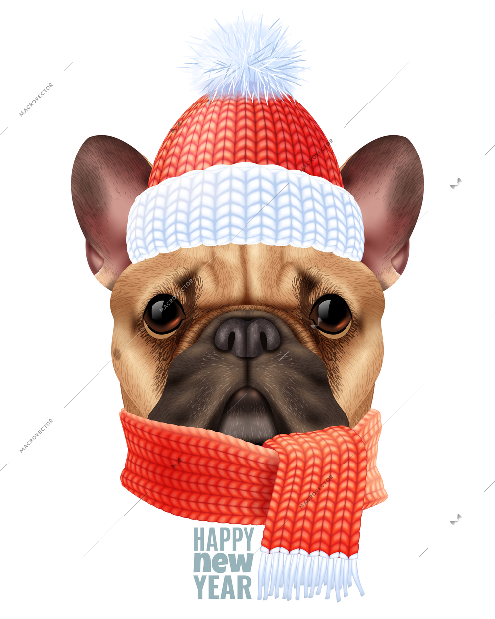 Colored realistic dog bulldog Christmas composition with dog in clothes and happy new year description vector illustration