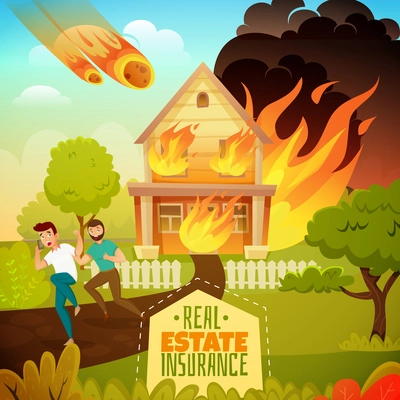 Natural disaster real estate insurance poster with running persons from burning house, falling of meteorite vector illustration