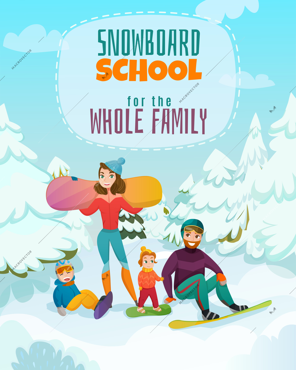 Snowboard school poster with sport and family symbols flat vector illustration