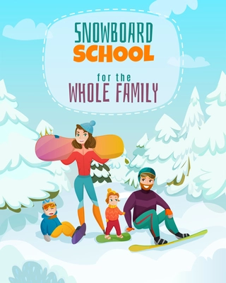 Snowboard school poster with sport and family symbols flat vector illustration