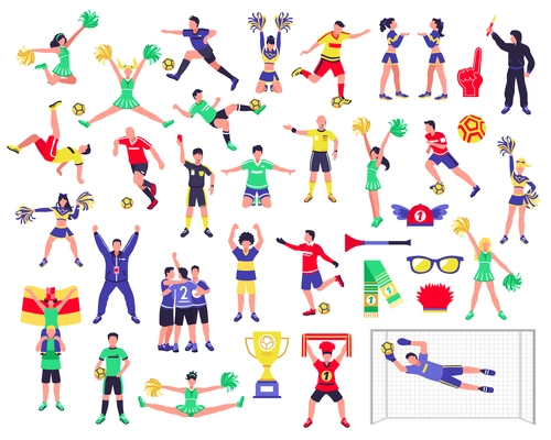 Football soccer players cheerleaders fans set of isolated human figures with merch marks of favourite team vector illustration