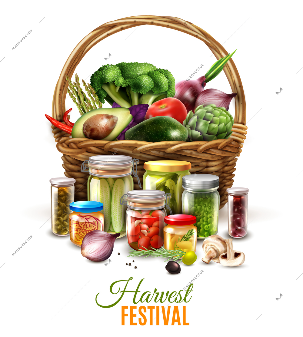 Canned goods composition with harvest in wicker basket and vegetable conserves in glass jars vector illustration