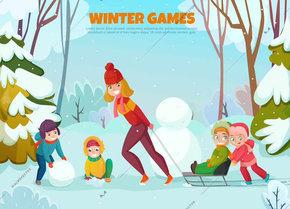 Kindergarten winter walk with kids adult and snowman flat vector illustration