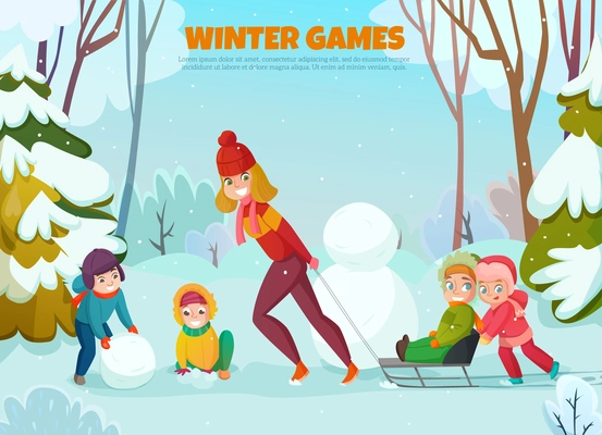 Kindergarten winter walk with kids adult and snowman flat vector illustration