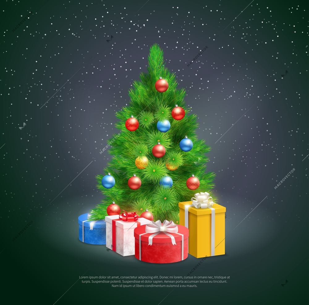 Gift boxes under christmas tree decorated by colored balls on night snowflake background realistic vector Illustration