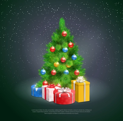 Gift boxes under christmas tree decorated by colored balls on night snowflake background realistic vector Illustration