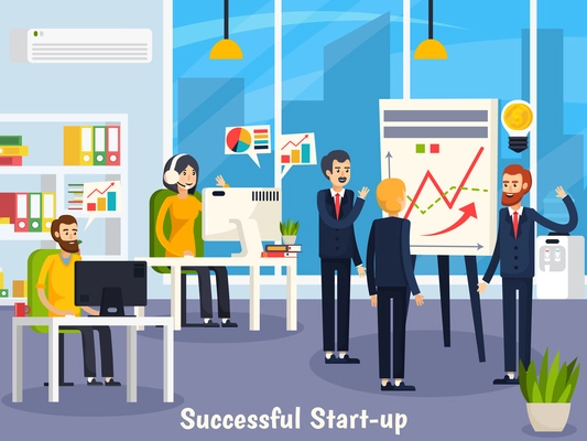 Successful startup orthogonal composition with employees near whiteboard with research and at workplaces in office vector illustration