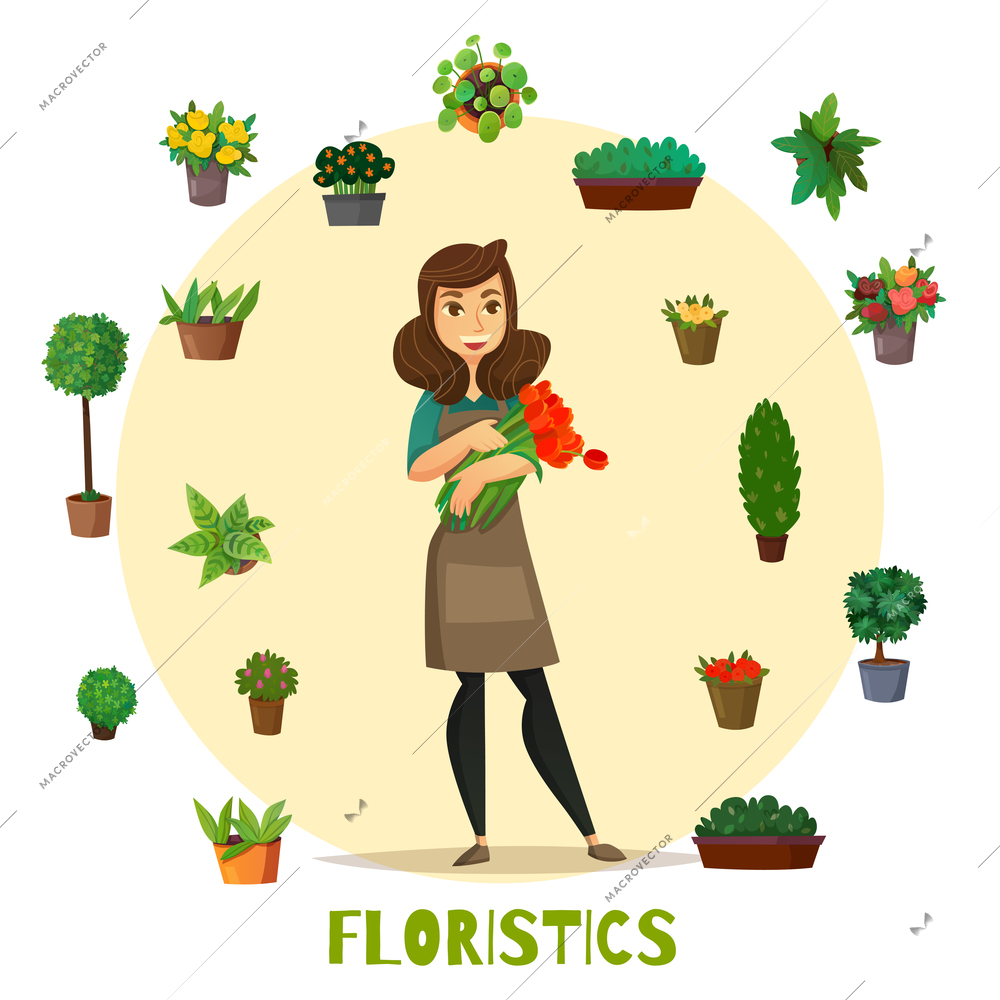 Florists concept set with flowers and plants symbols flat vector illustration