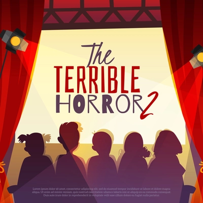 Cinema show with horror film on screen, silhouettes of viewers in auditorium with spotlights cartoon vector illustration