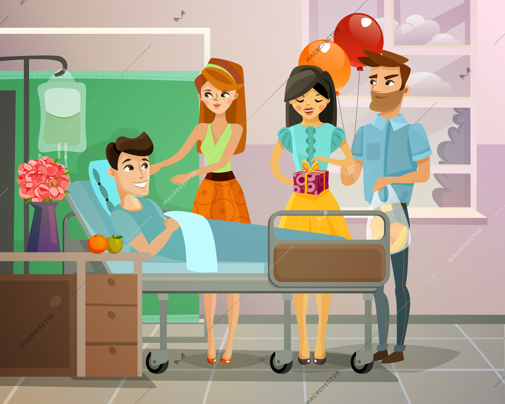 Visitors with gifts and balloons near lying patient on bed in hospital ward vector illustration