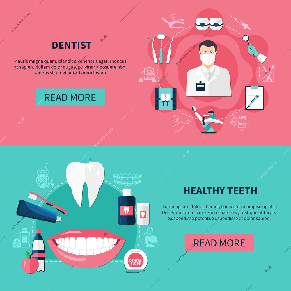 Dentistry horizontal banners with dentist tools and healthy teeth decorative icons set flat vector illustration