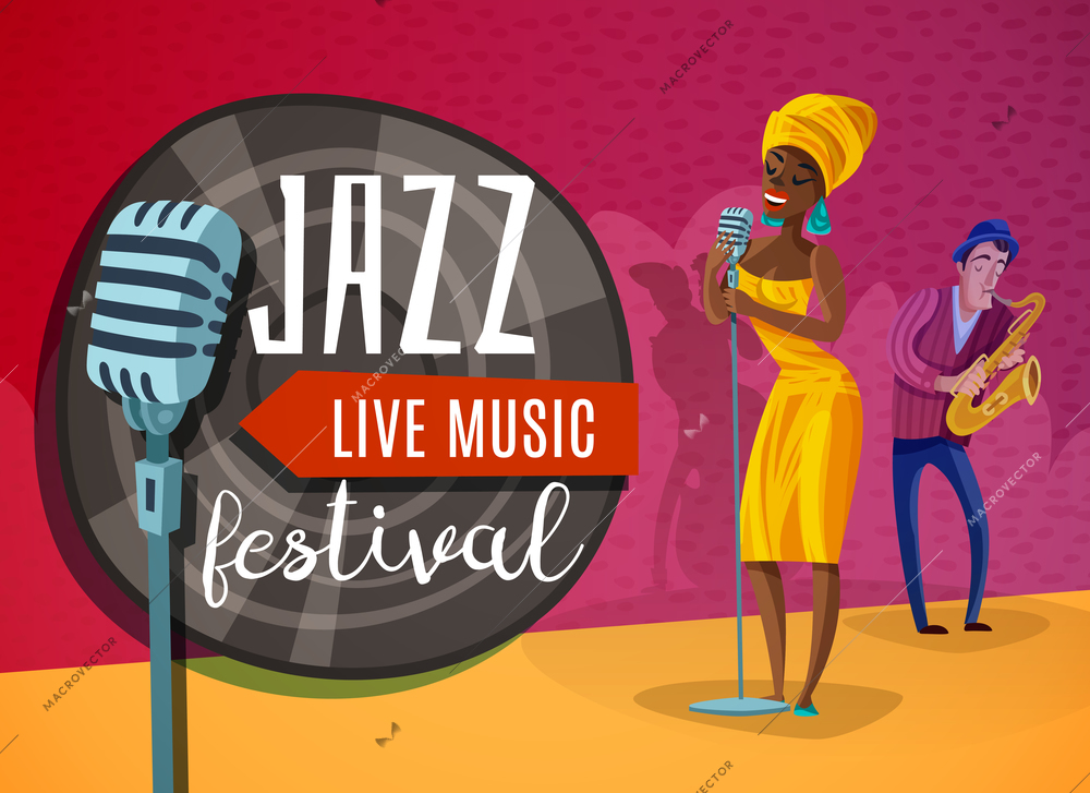 Jazz live music horizontal poster with singer in yellow dress near microphone, musician with saxophone vector illustration