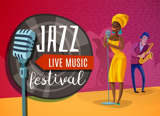 Jazz live music horizontal poster with singer in yellow dress near microphone, musician with saxophone vector illustration