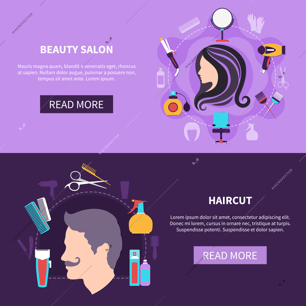 Two colored and horizontal hairdresser banner set with beauty salon and haircut descriptions vector illustration