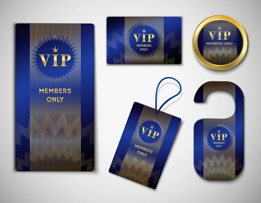 Set of vip member elements glossy black design template with crest ornament, golden inscription isolated vector illustration