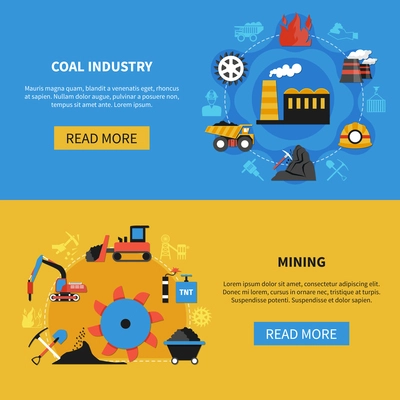 Flat set of two horizontal banners with coal mining industry elements on colorful background isolated vector illustration