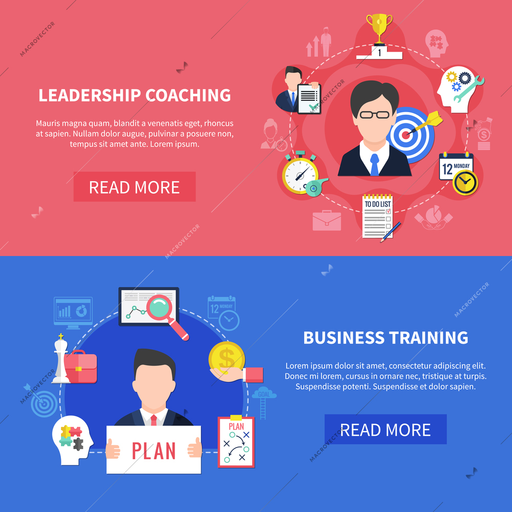 Business coaching horizontal banners set with leadership coaching symbols flat isolated vector illustration