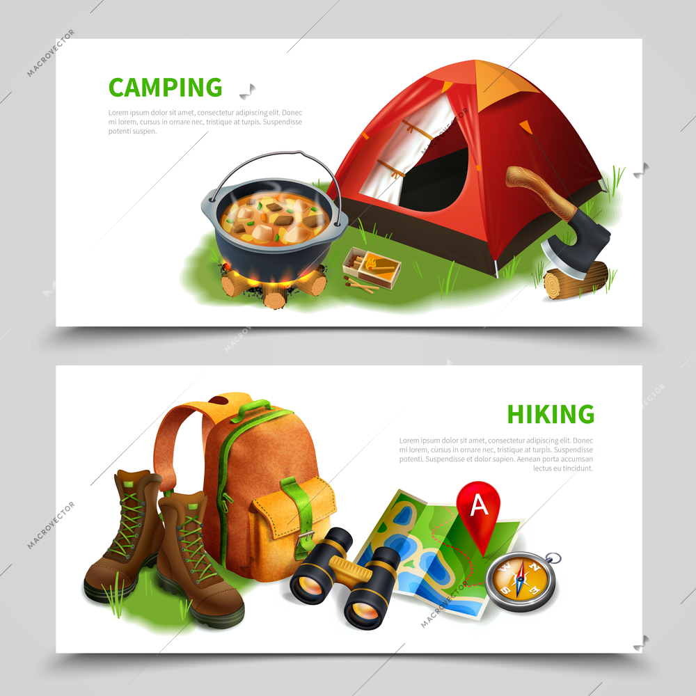 Two horizontal camping realistic flyer set camping and hiking headlines colored and realistic vector illustration