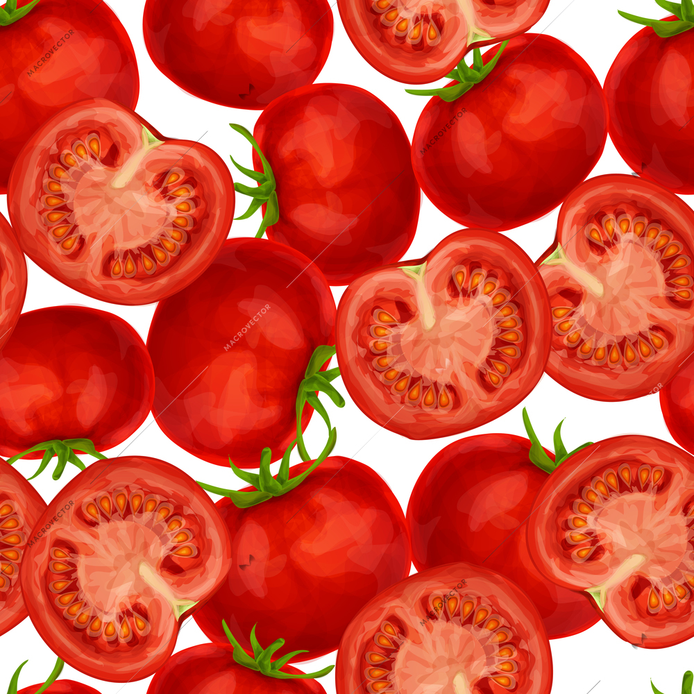 Vegetable organic food ripe sliced tomato seamless pattern vector illustration