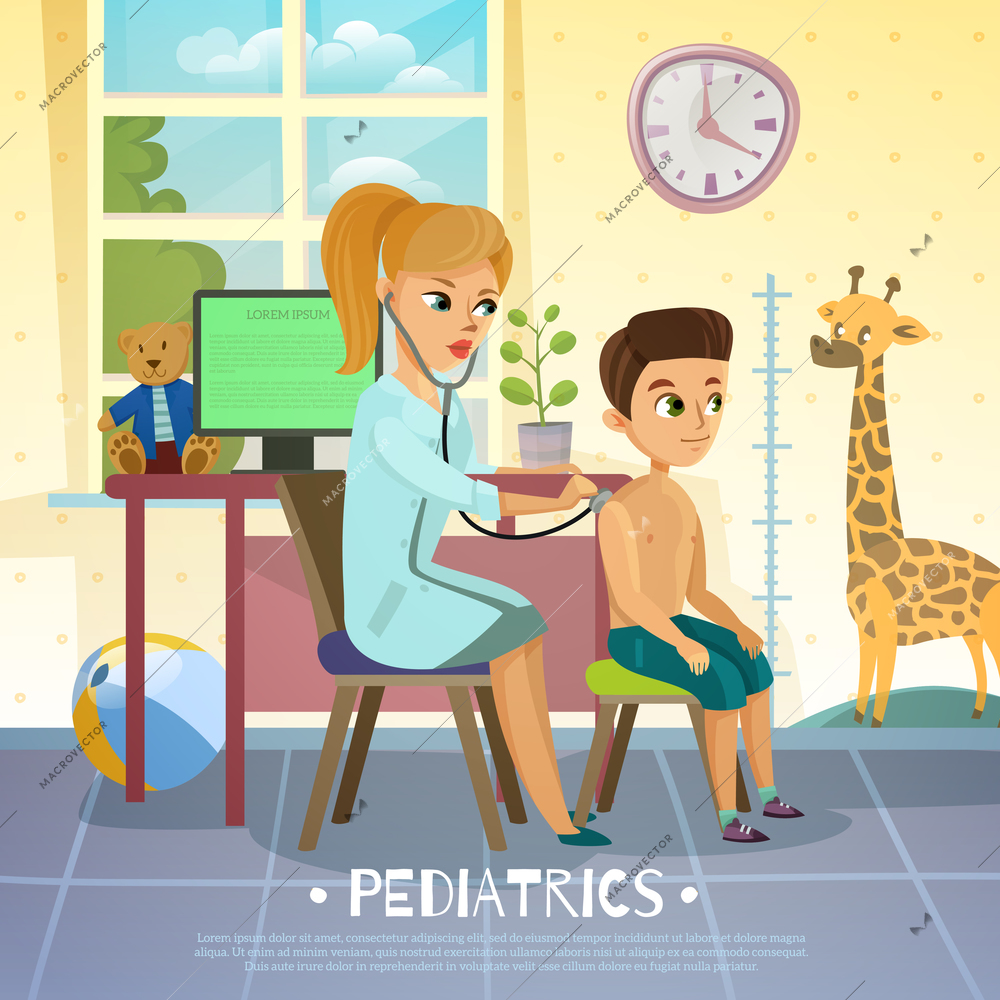 Pediatric department in hospital scene with woman doctor and boy during examination of breathing system vector illustration