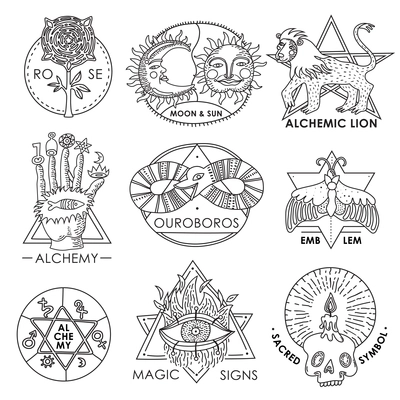 Magic emblems monochrome hand drawn set with sacred symbols alchemy signs ouroboros devouring its tail isolated vector illustration