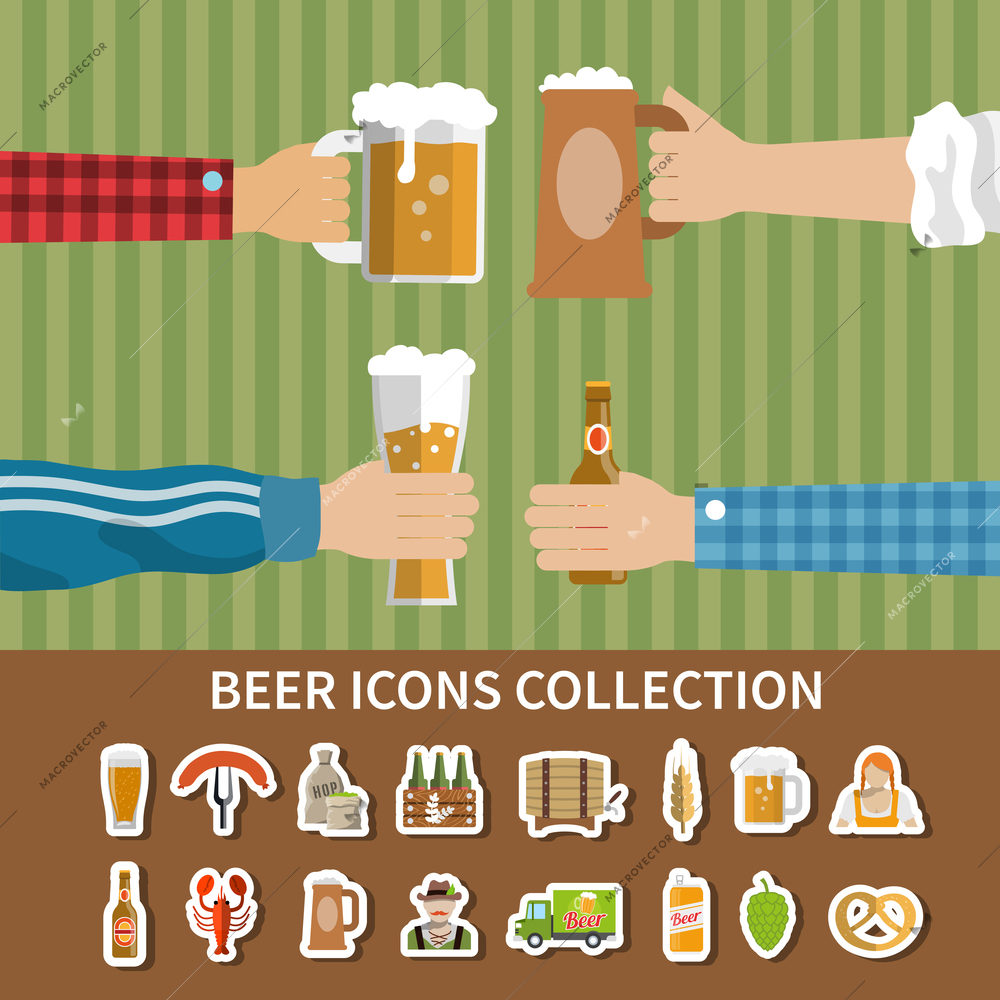 Flat design collection of oktoberfest beer and snacks icons isolated vector illustration