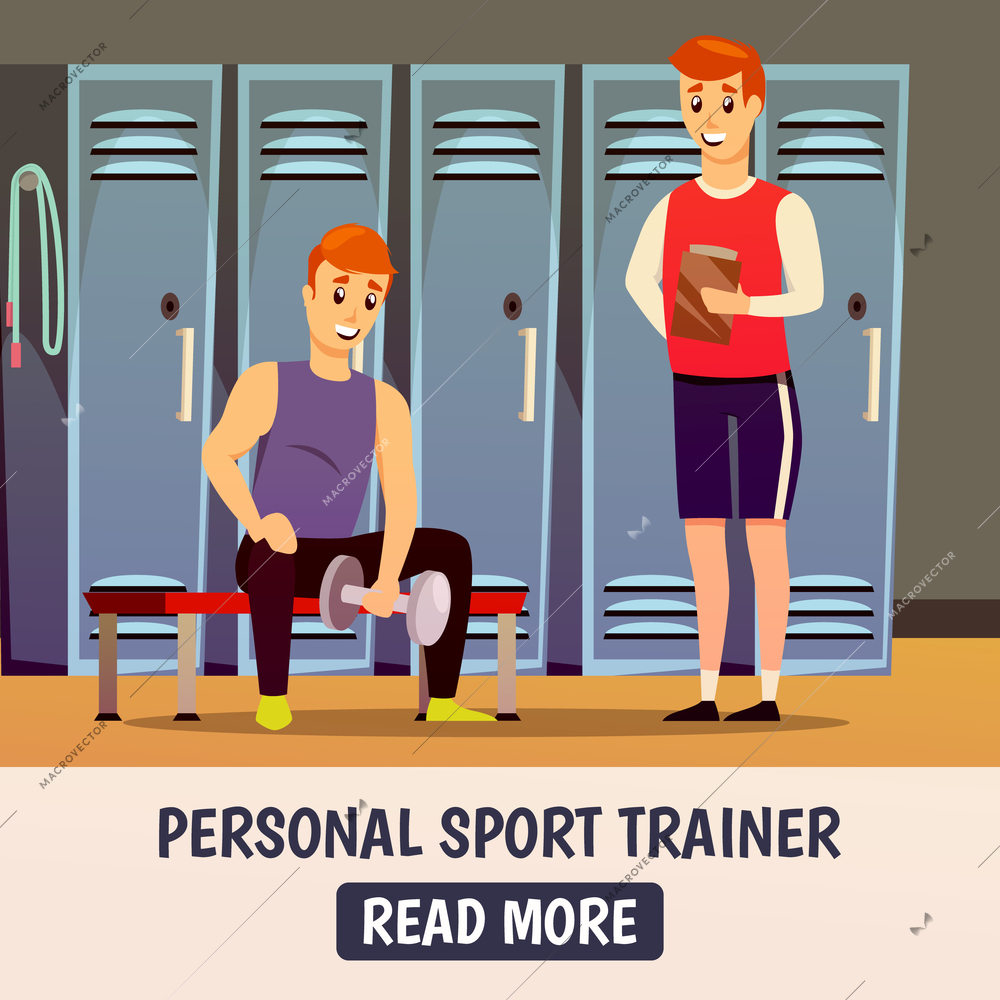 Personal workout background with trainer and man during lifting of weights in sport room vector illustration