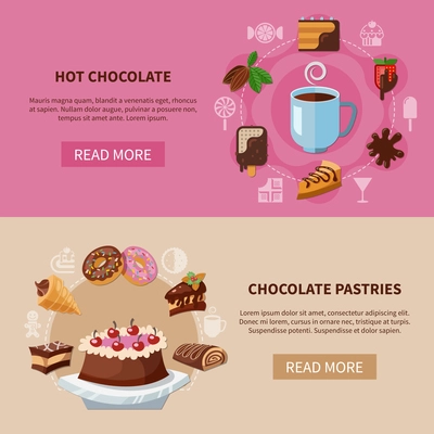 Horizontal flat banners with chocolate pastries and hot drink from cacao beans isolated vector illustration