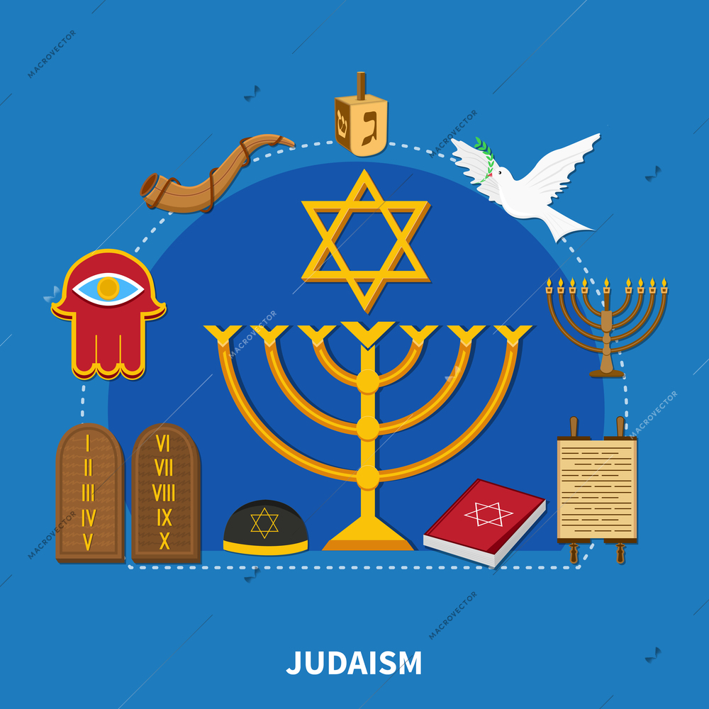 Flat religions composition with Judaism and the main distinctive features of this religion vector illustration