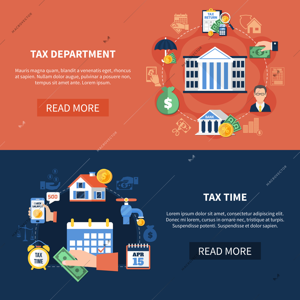 Set of horizontal banners with tax department, income and property, duty payment time isolated vector illustration